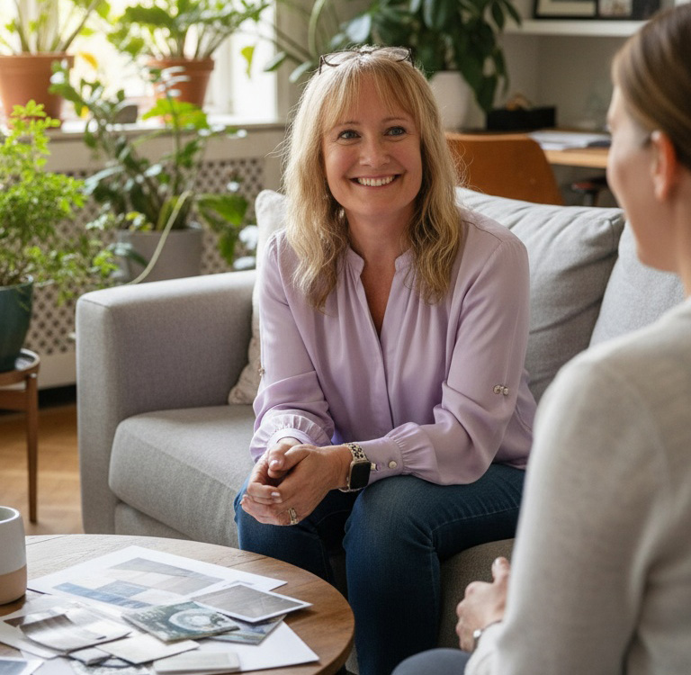 This is a photo of Billie Sharp – Graphic Designer – talking to a client and Translating client messages into visual communications