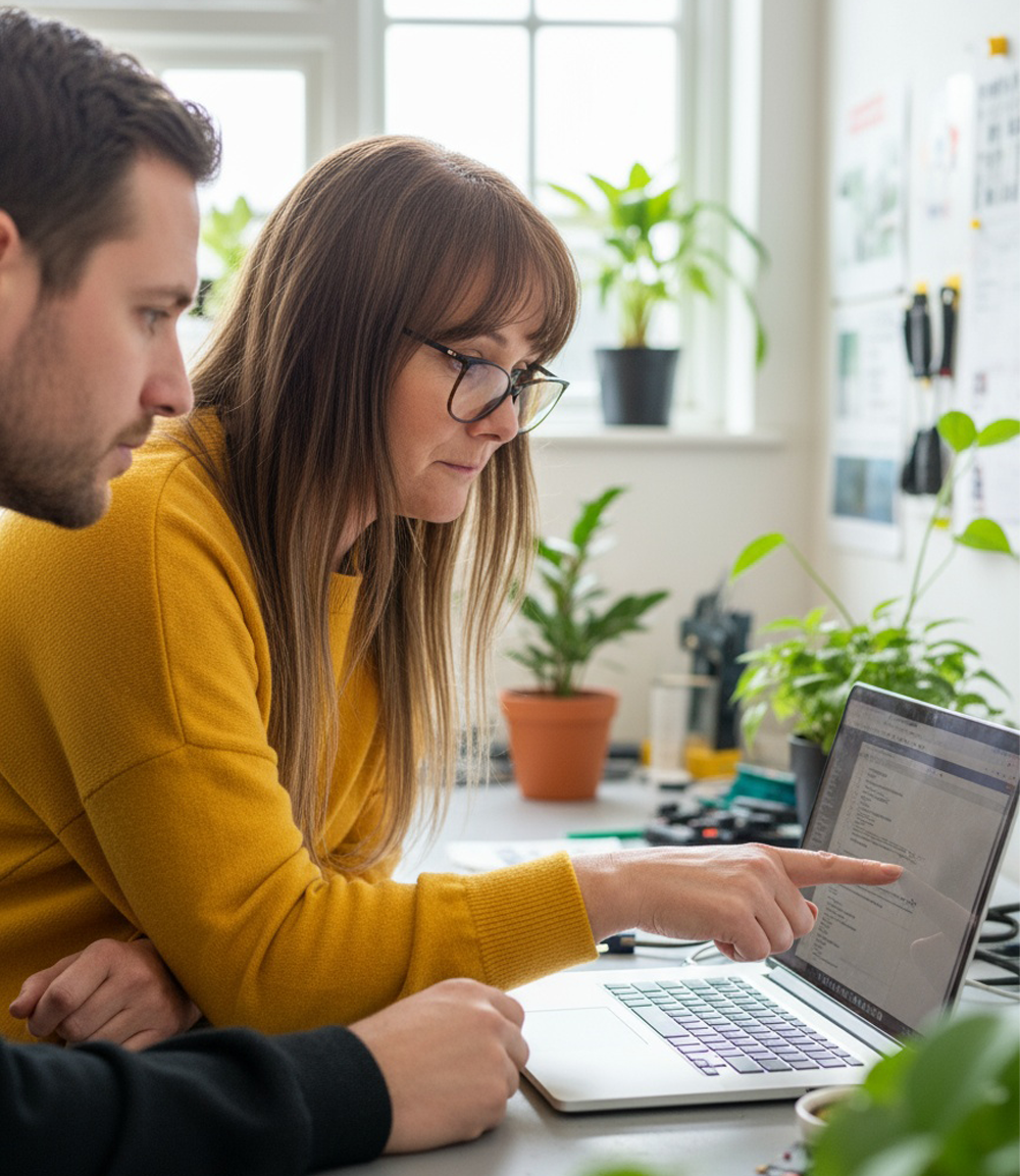 This is a photo of Billie Sharp working with a client on improving their website. She designs and builds Drupal based websites from scratch and teaches you how to keep it up to date and what to put on them. She also can just do it for you and maintain them too. She's good like that!