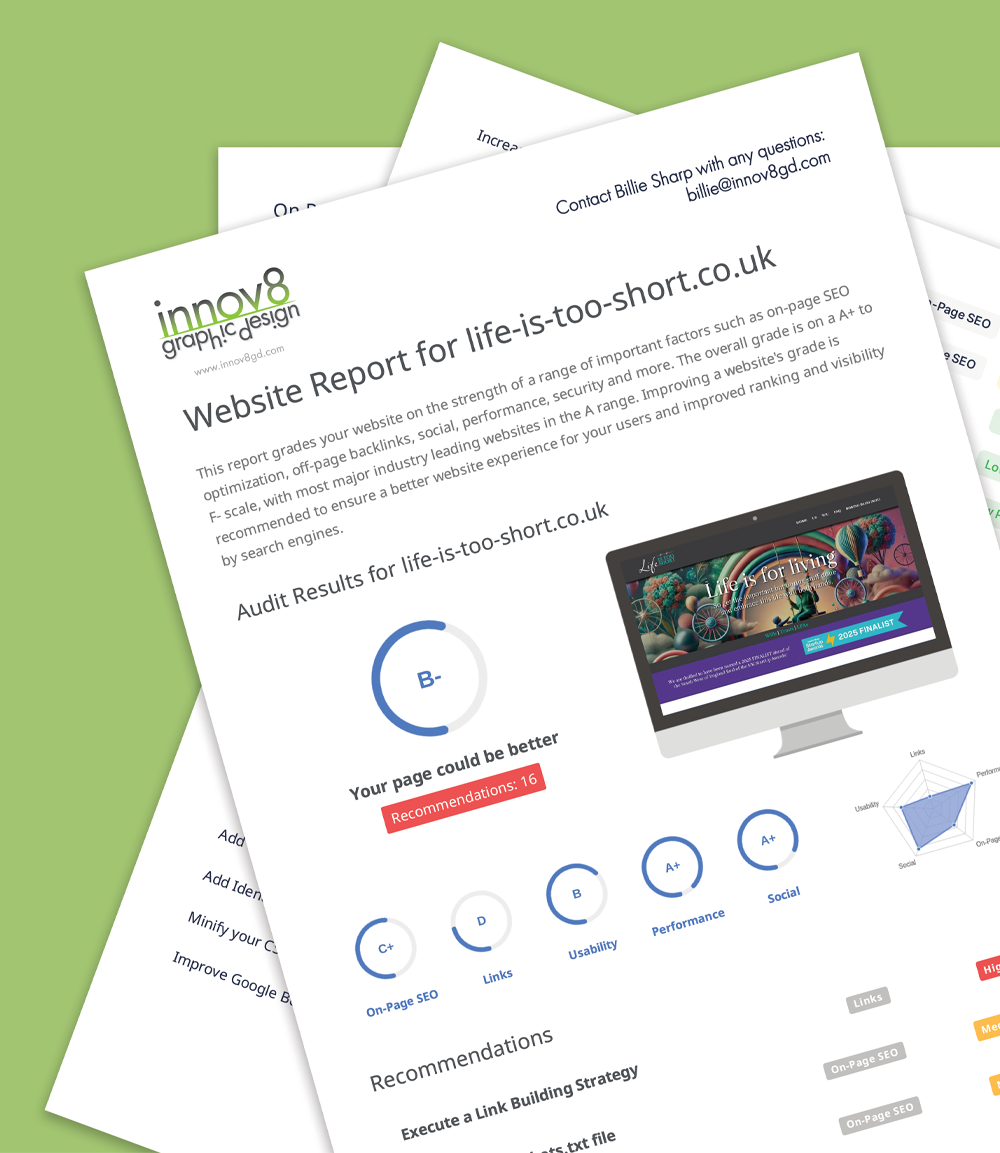 This is an image of an example report you get when you book a Website Health Check with Billie Sharp - Graphic and Web Designer - innov8 graphic design
