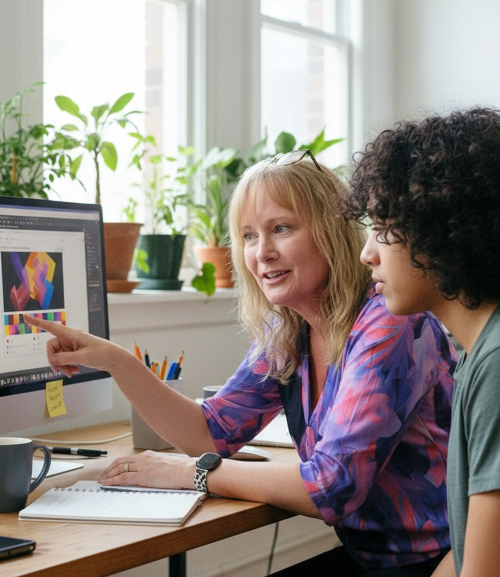 This is a photo of Billie Sharp helping a student understand how websites work and how to optimise them for search | innov8 graphic design | inclusive optimization