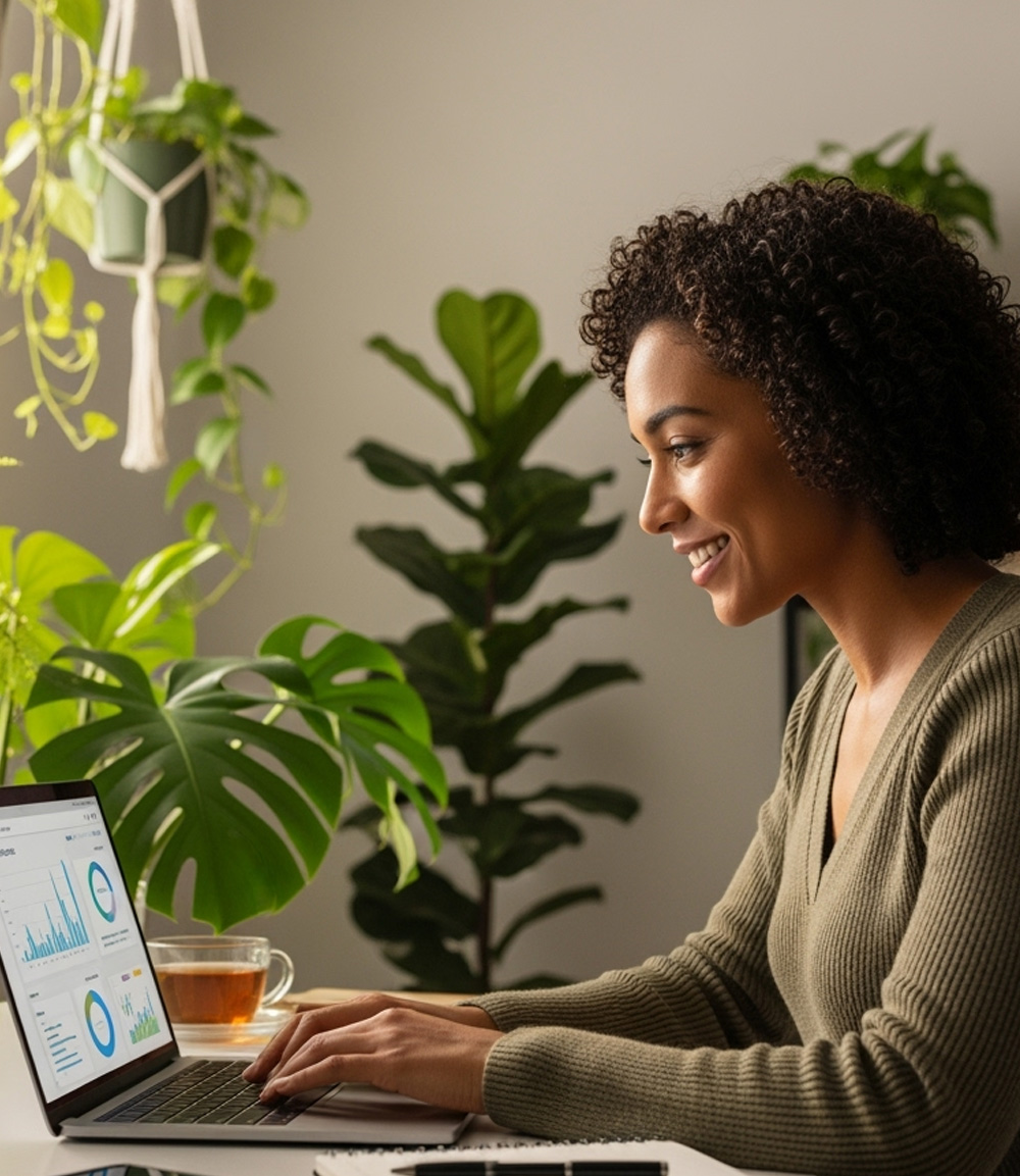 This is a generated image depicting a woman using a computer to learn about SEO on Billie Sharp's Inclusive Optimization online course