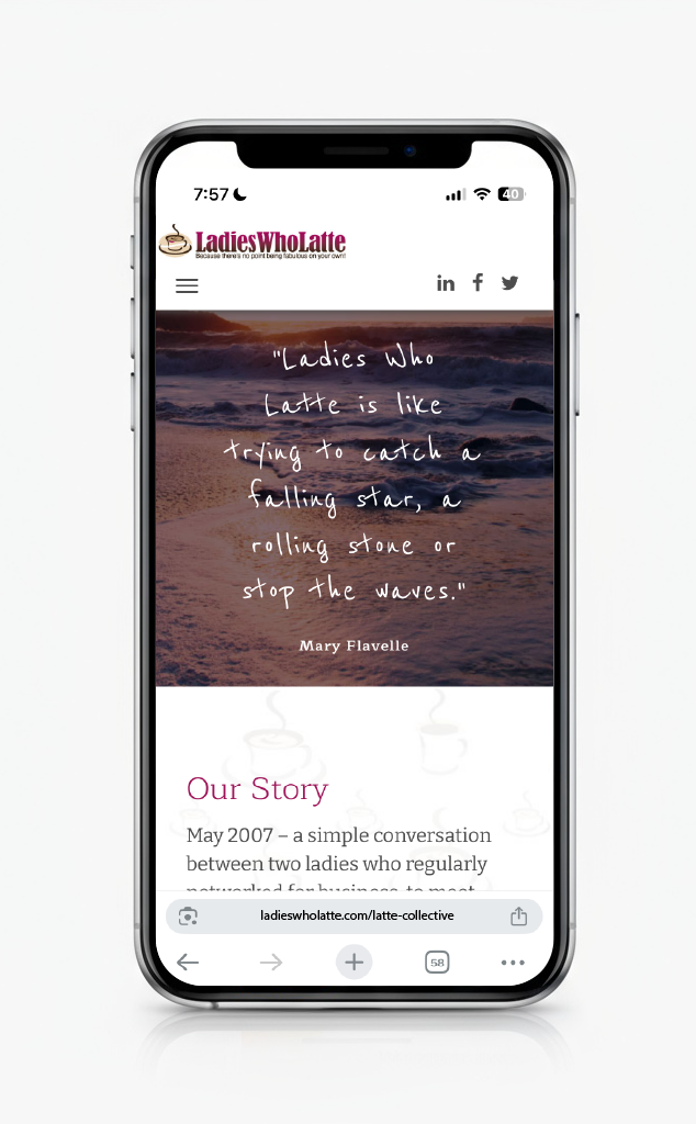 This is a photo of a mobile phone displaying the Ladies Who Latte website