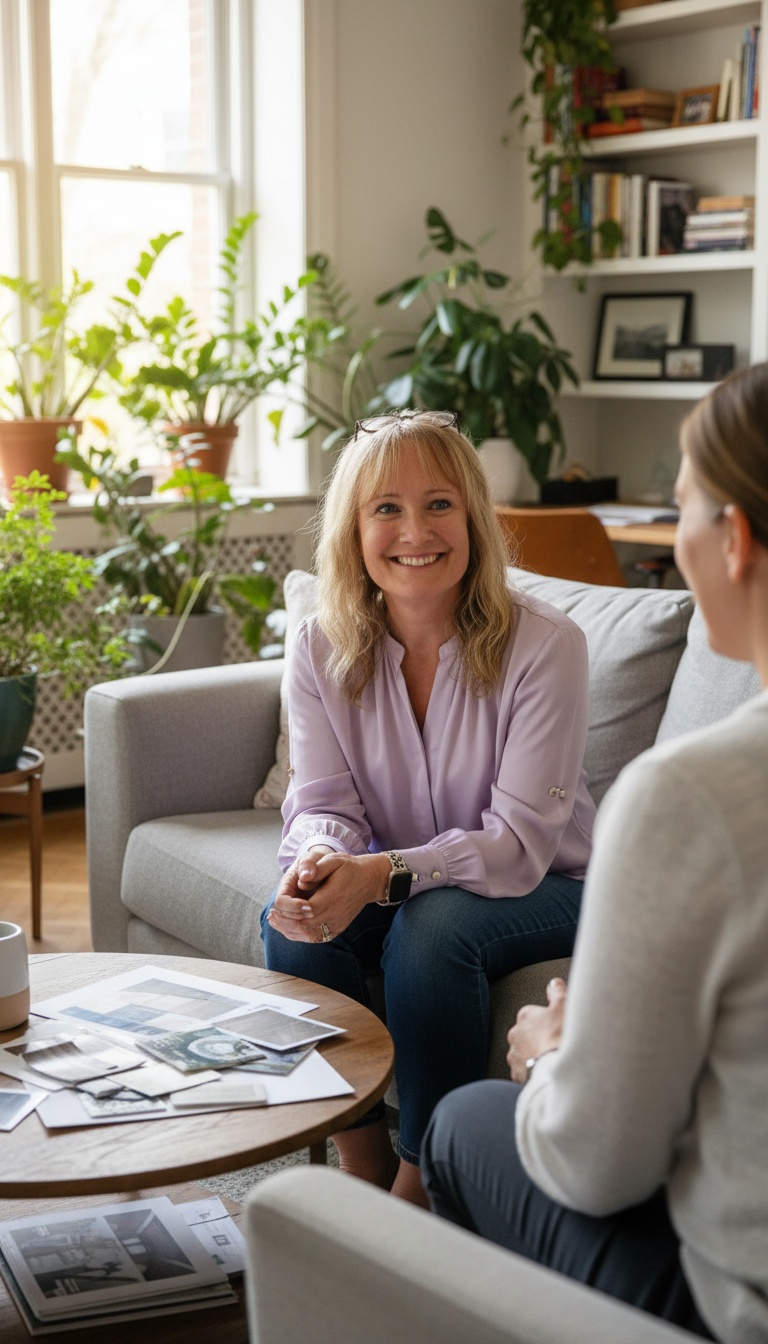 This is a photo of Billie Sharp –&nbsp;Graphic Designer – talking to a client and Translating client messages into visual communications