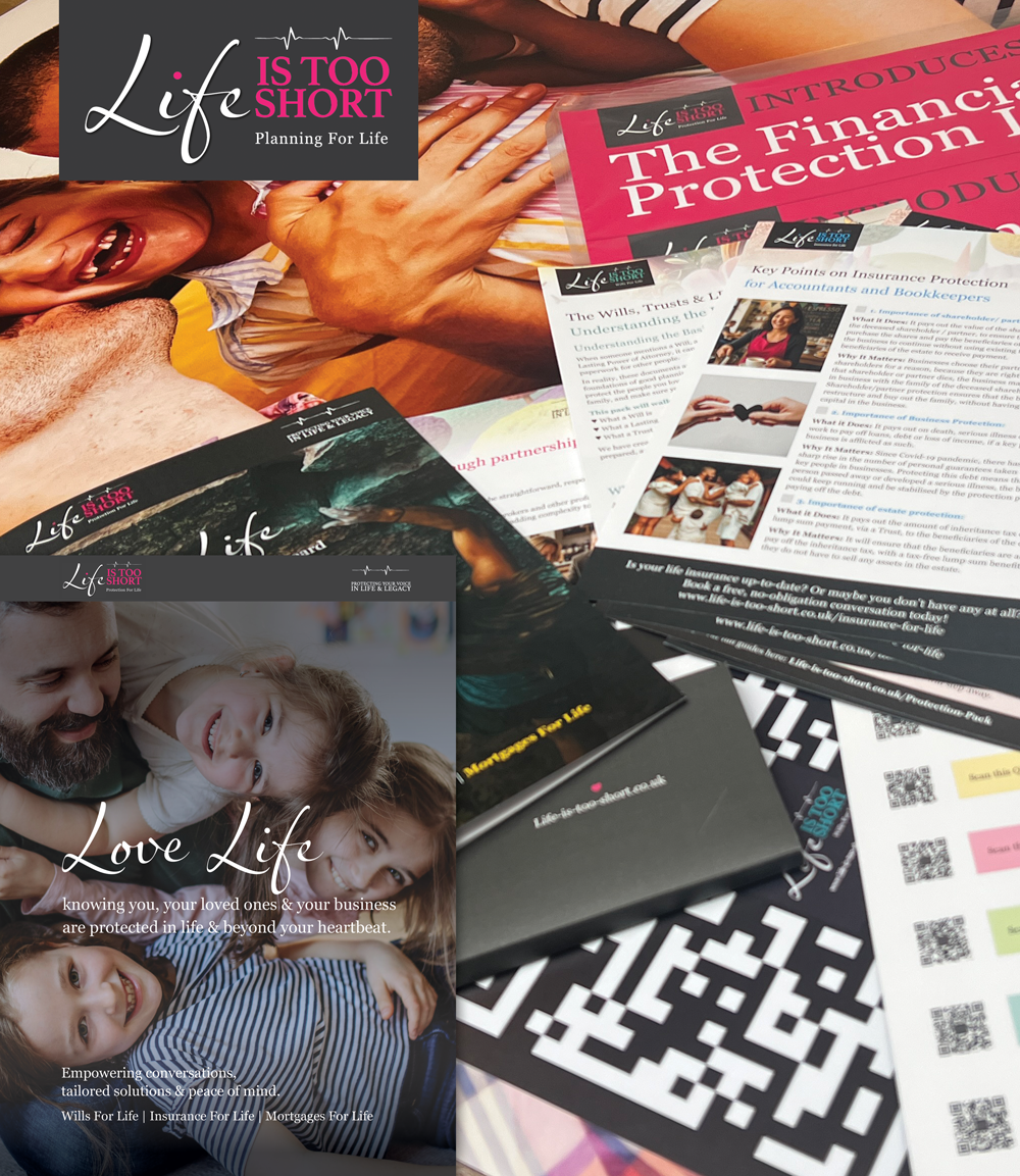 This is a photo of brochures, leaflets, banners and a folder designed by Billie Sharp for her other business: Life Is Too Short.