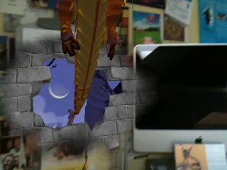 An augmented image of a dragon flying out of a whole in the wall of my office!