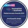 This is the badge awarded to innov8 graphic design for the Best Graphic Design Specialist 2024 in the Media Innovator Awards.